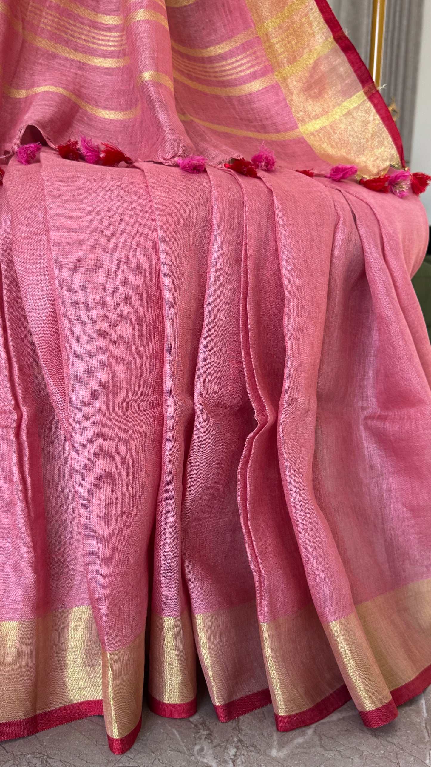Pure Linen Saree - Pink