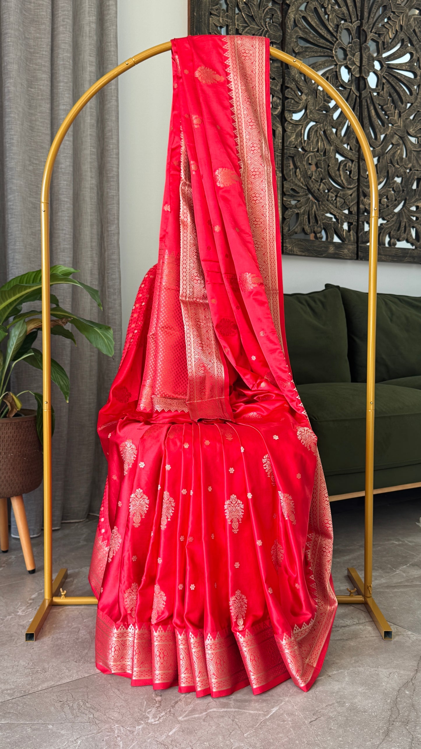 Satin Silk Banarasi Sarees - Bright Red