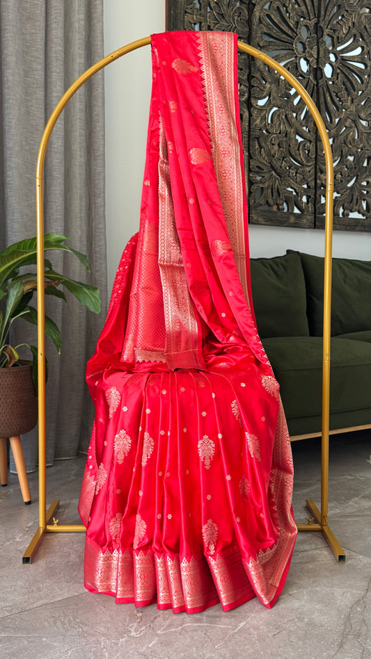 Satin Silk Banarasi Sarees - Bright Red