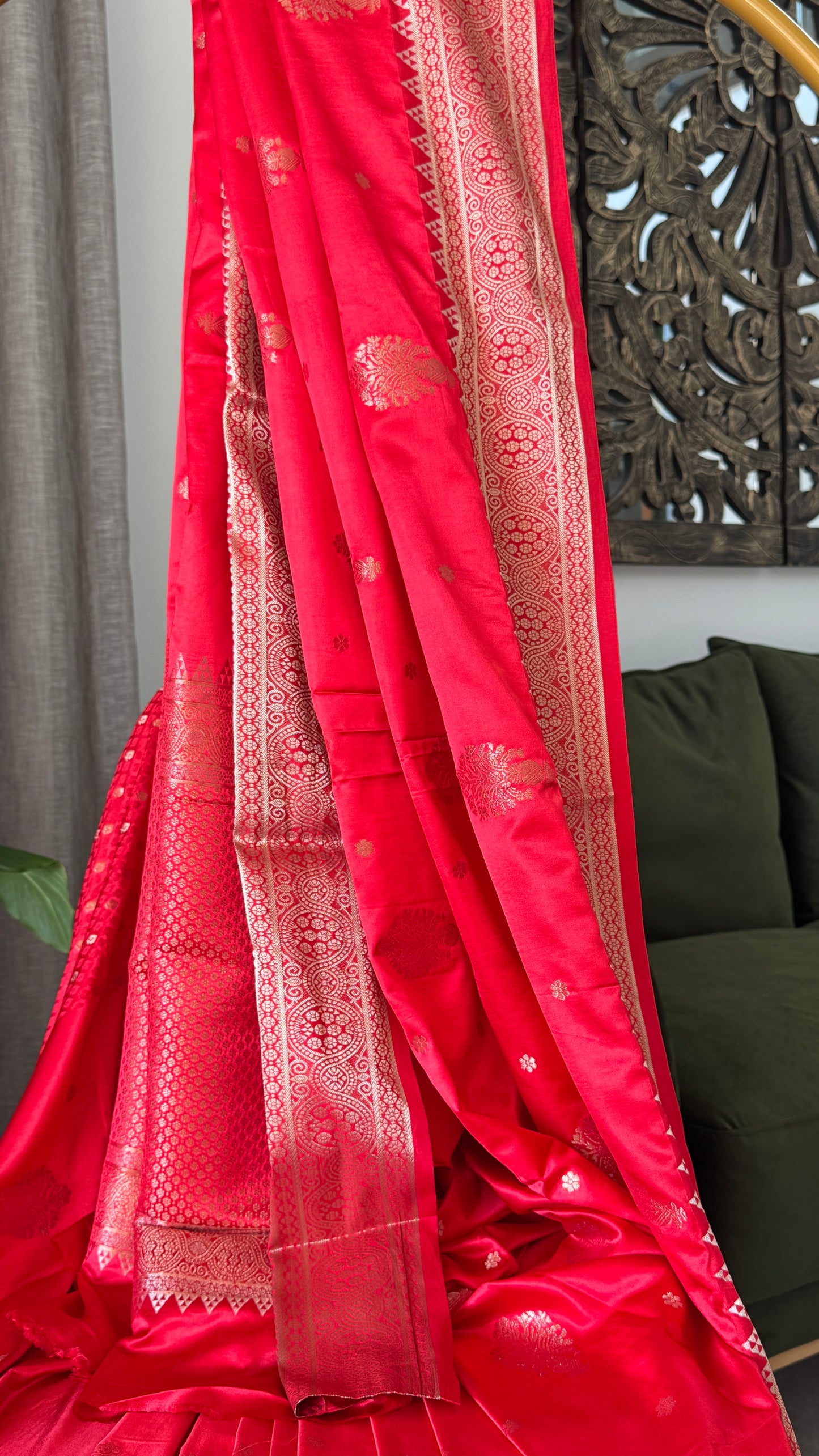 Satin Silk Banarasi Sarees - Bright Red