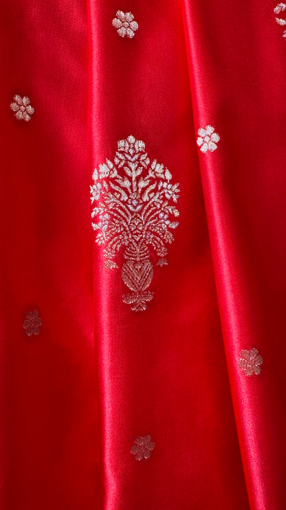 Satin Silk Banarasi Sarees - Bright Red