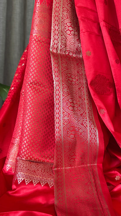 Satin Silk Banarasi Sarees - Bright Red
