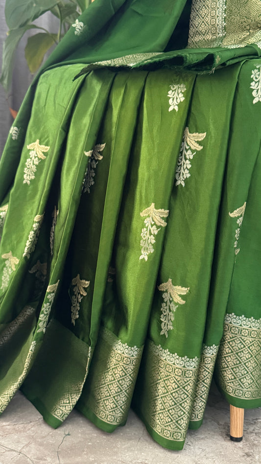 Satin Silk Banarasi Sarees - Olive Green