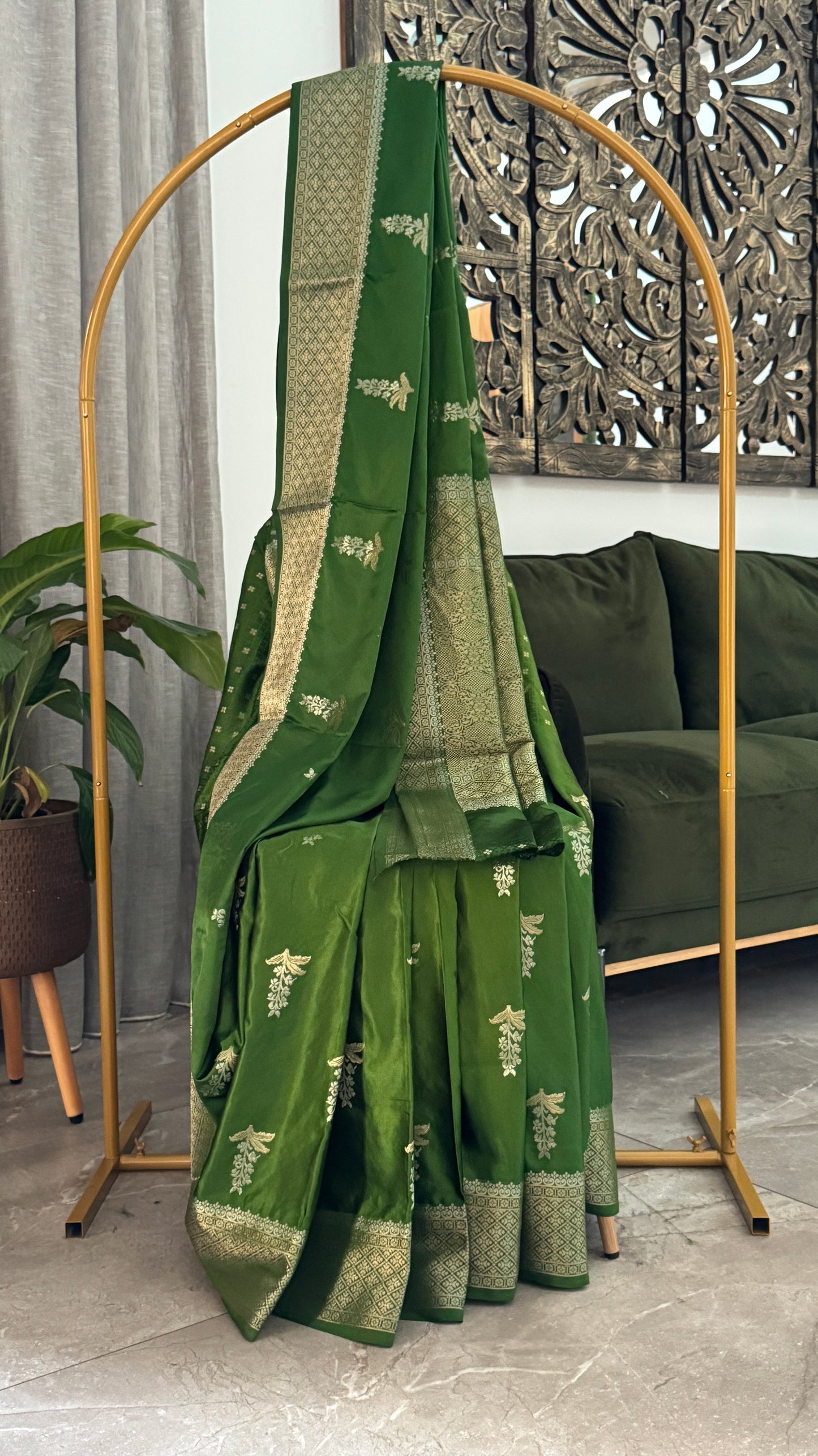 Satin Silk Banarasi Sarees - Olive Green