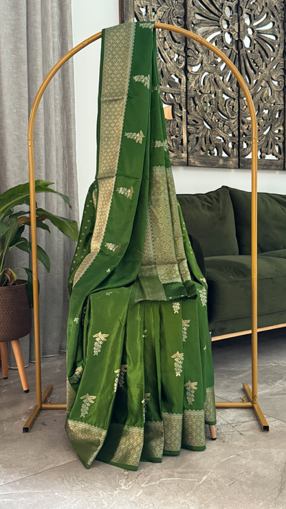 Satin Silk Banarasi Sarees - Olive Green
