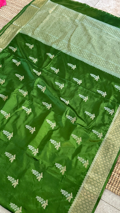 Satin Silk Banarasi Sarees - Olive Green
