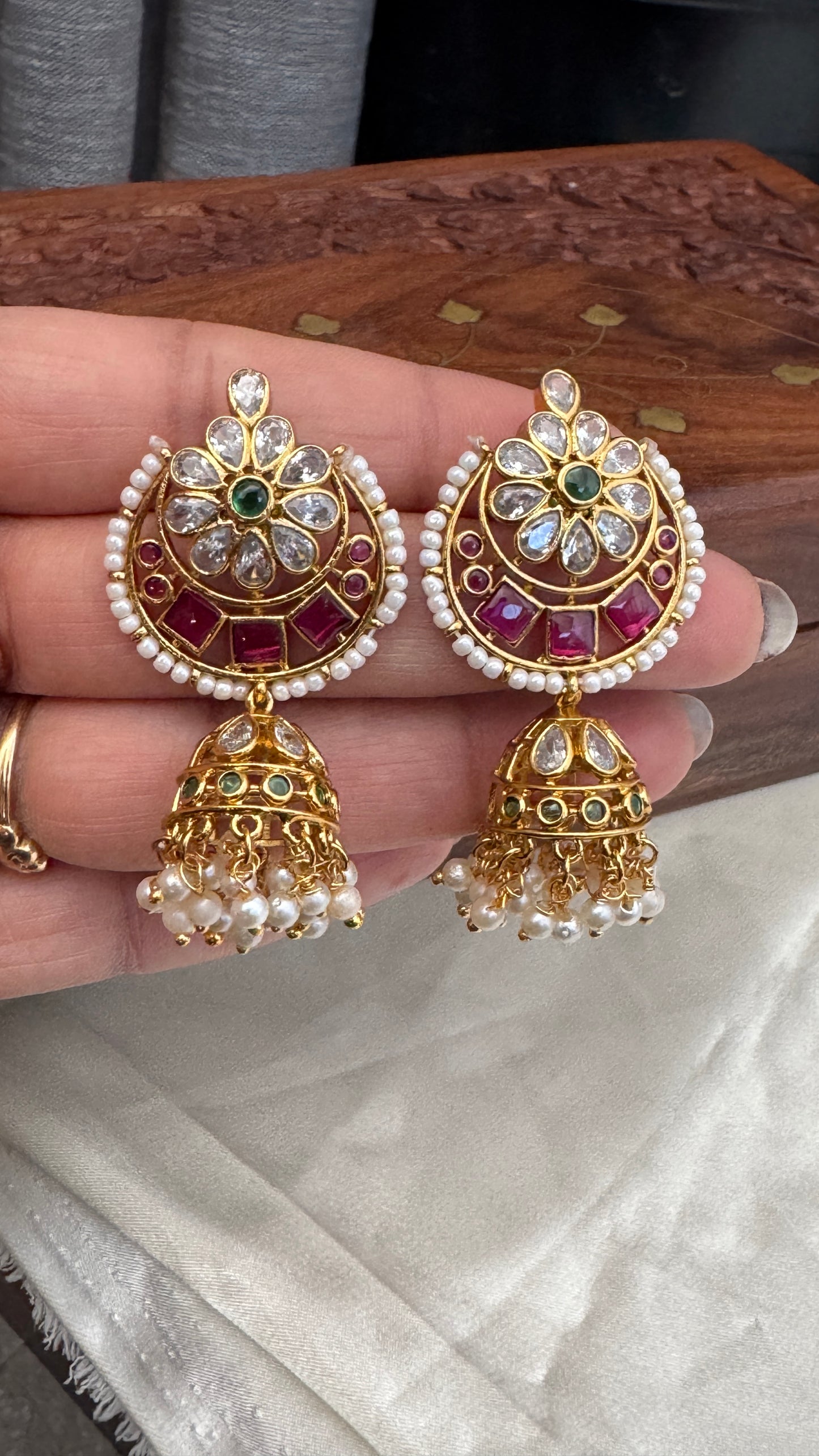 Chandbali Gold Ruby & Emerald Studded Jhumka