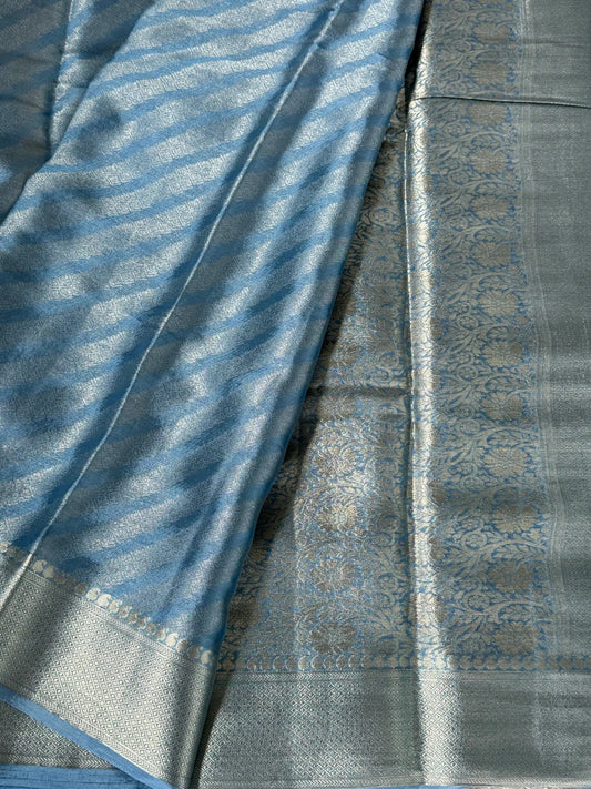Shimmery Georgette Saree in Bluish grey with Silver Zari Border