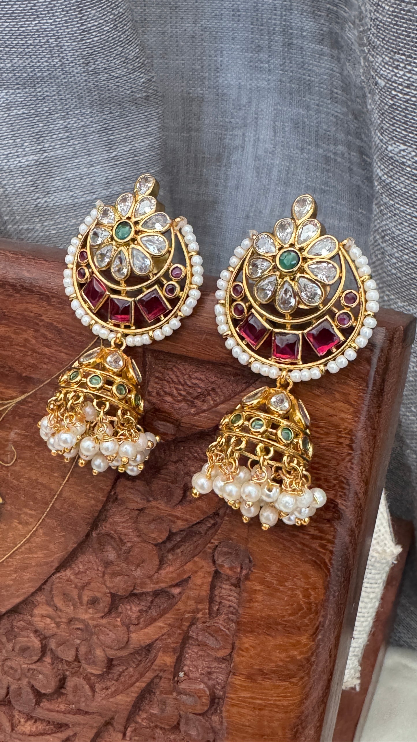 Chandbali Gold Ruby & Emerald Studded Jhumka