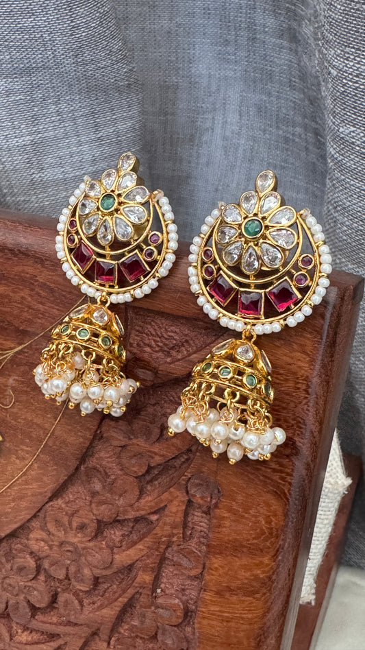 Chandbali Gold Ruby & Emerald Studded Jhumka