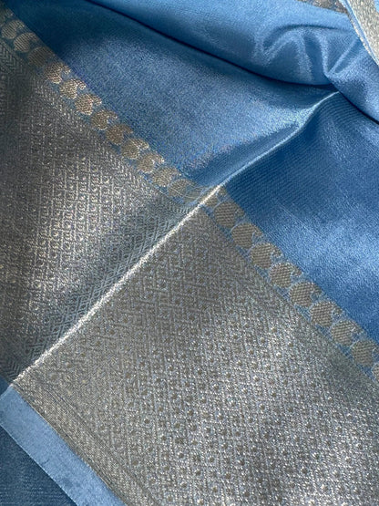 Shimmery Georgette Saree in Bluish grey with Silver Zari Border