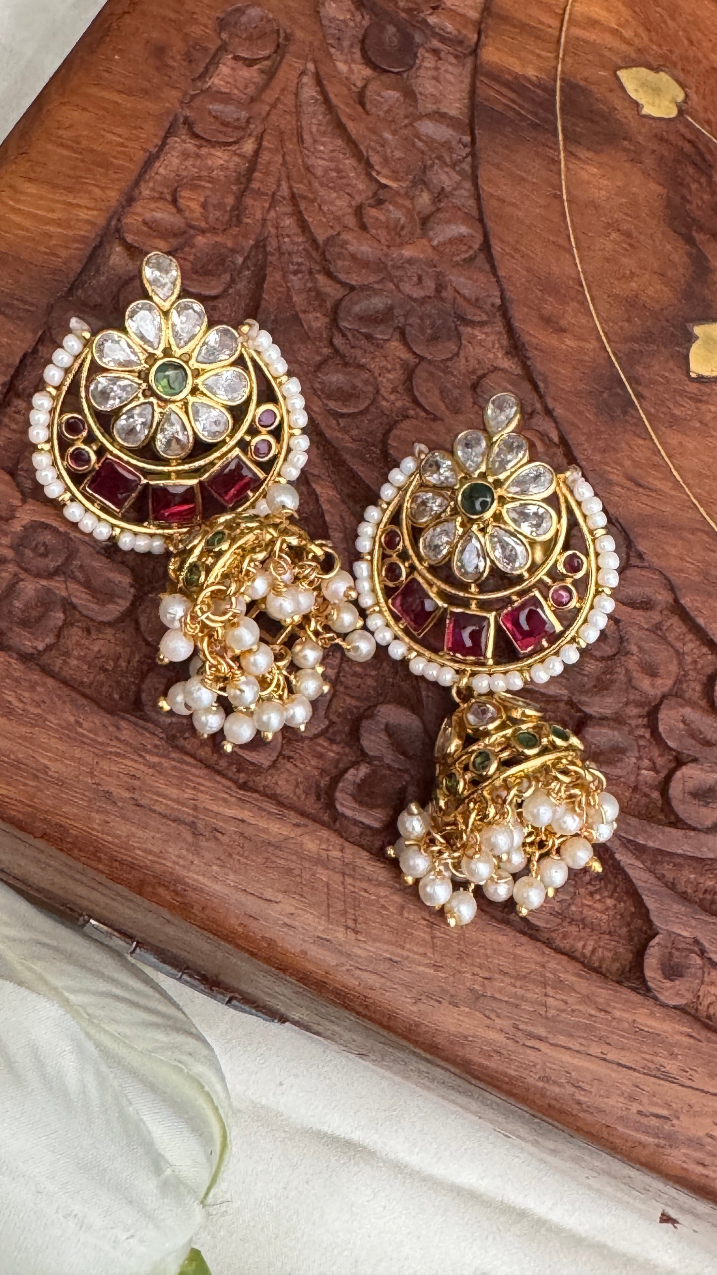 Chandbali Gold Ruby & Emerald Studded Jhumka