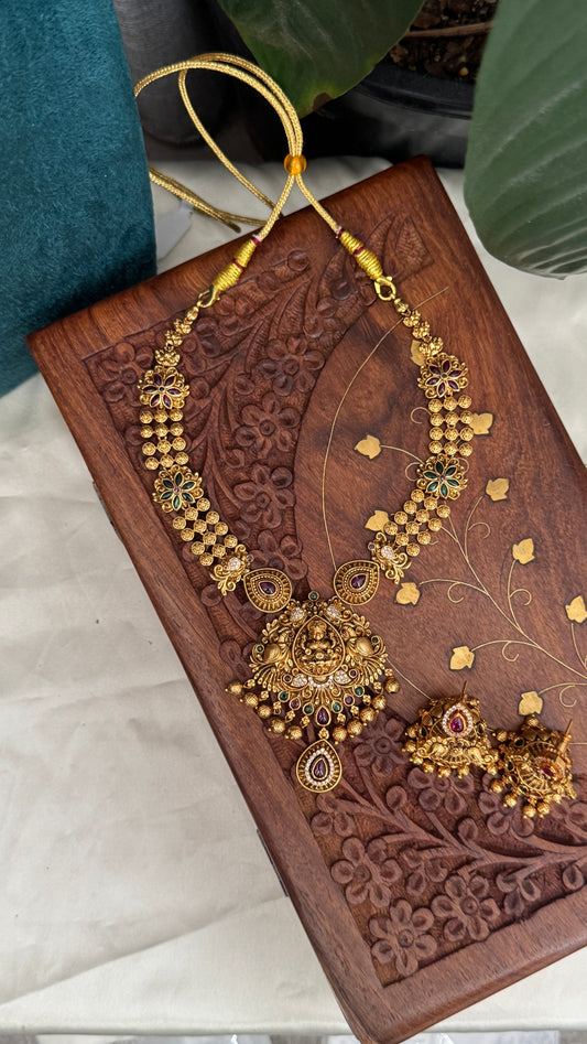 Temple Jewellery Set – Medium length Lakshmi Pendant Set with Earrings