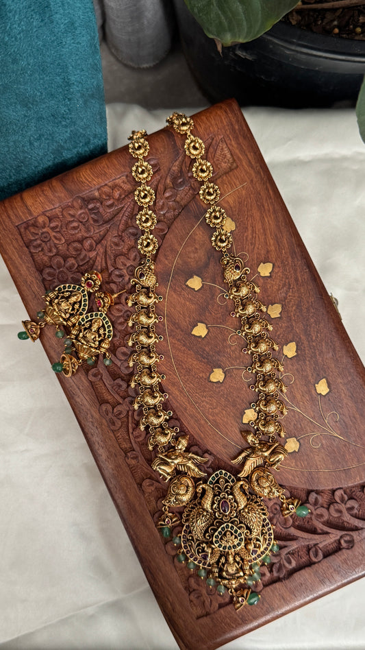Unique Long Lakshmi and Peacock Temple Haar Jewellery Set
