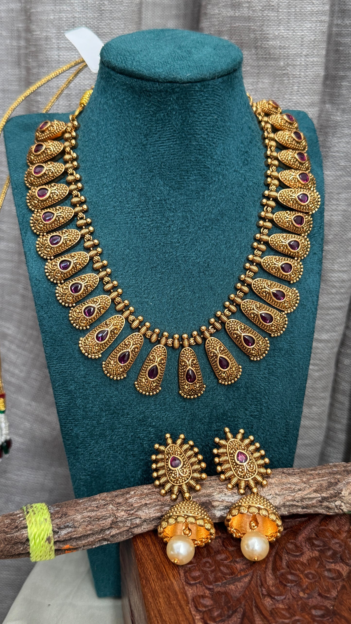 Unique Geometric Temple Jewellery Set with Jhumkas