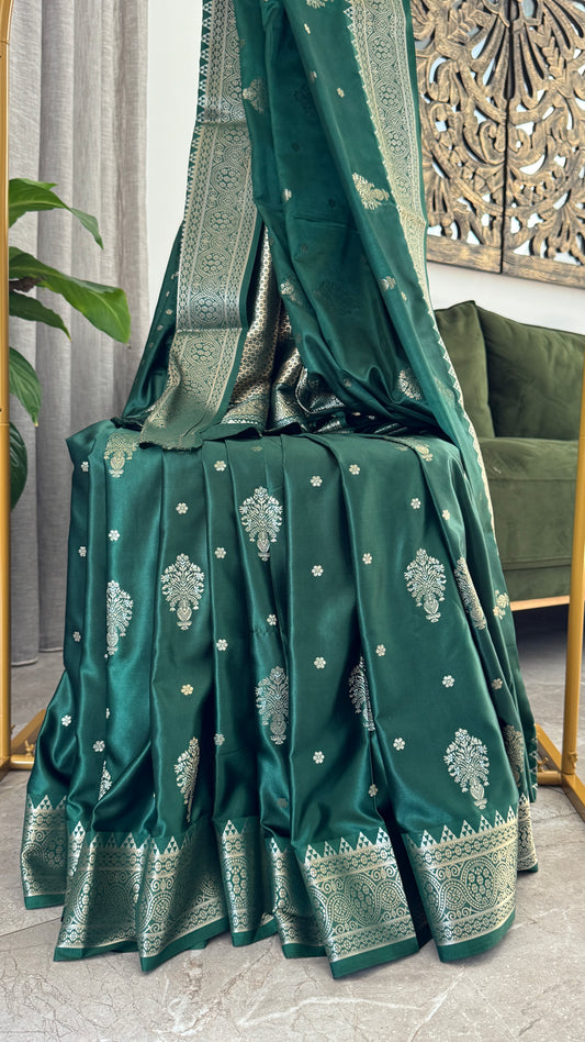 Satin Silk Banarasi Sarees - Bottle Green
