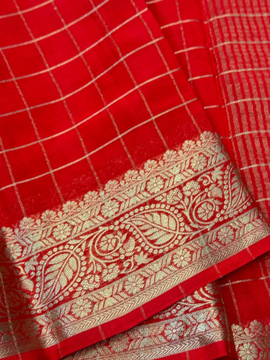Georgette Silk Checkered Saree – RED