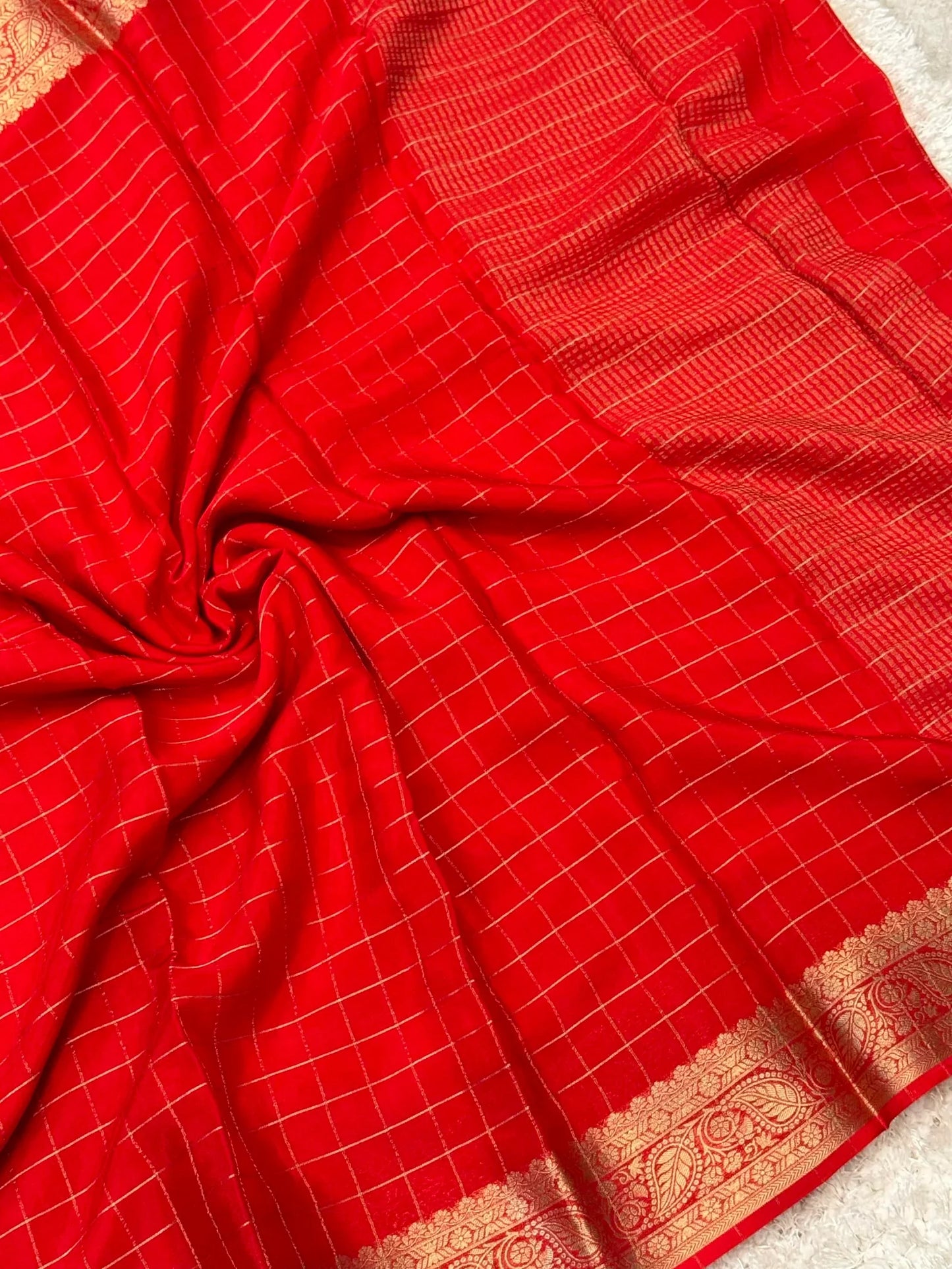 Georgette Silk Checkered Saree – RED