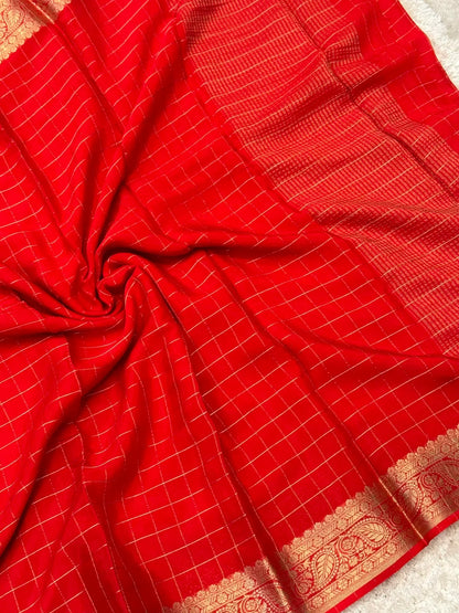 Georgette Silk Checkered Saree – RED