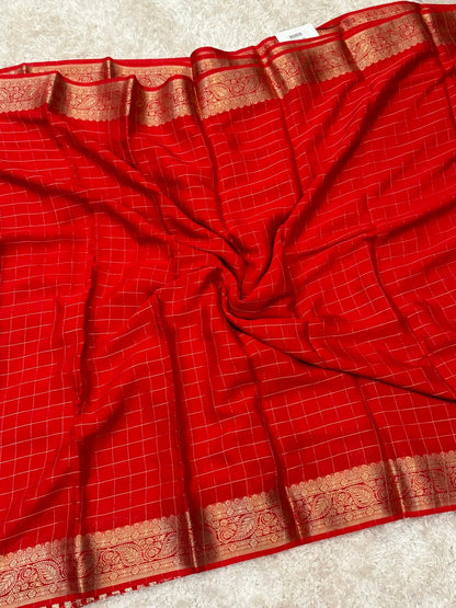 Georgette Silk Checkered Saree – RED
