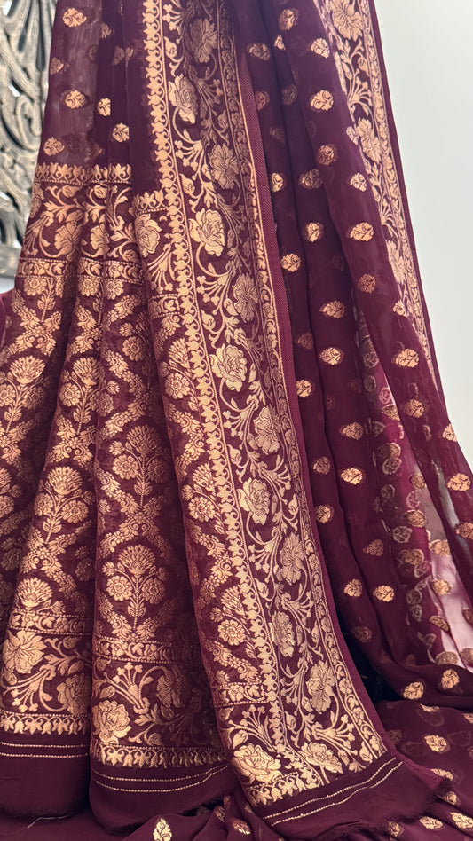 Pure Crushed Georgette Banarasi Saree – Maroon