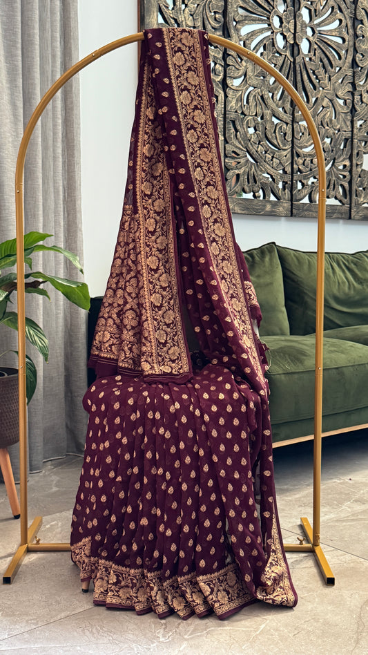 Pure Crushed Georgette Banarasi Saree – Maroon