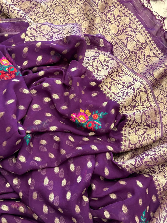 Pure Georgette Silk Banarasi Saree – PURPLE