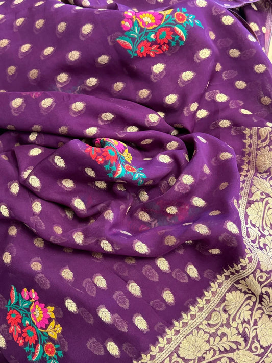 Pure Georgette Silk Banarasi Saree – PURPLE