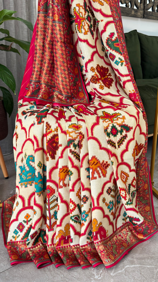 A Kashmiri Pashmina Banarasi Handwoven Storytelling Sarees Patola Pattern - Beige