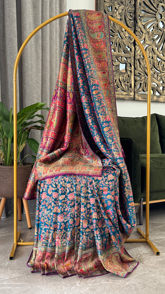A Kashmiri Pashmina Banarasi Handwoven Storytelling Sarees - Teal