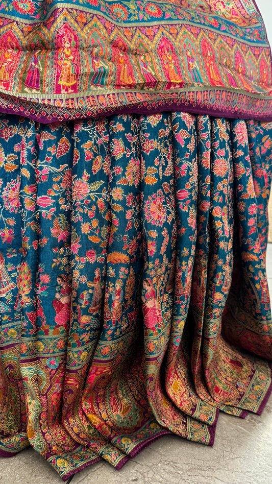 A Kashmiri Pashmina Banarasi Handwoven Storytelling Sarees - Teal