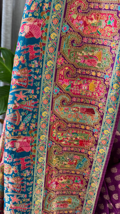 A Kashmiri Pashmina Banarasi Handwoven Storytelling Sarees - Teal