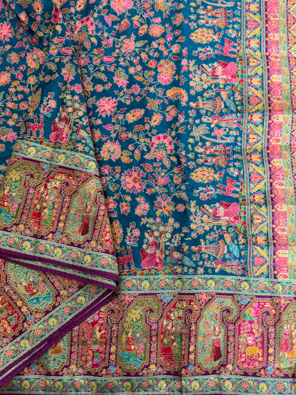 A Kashmiri Pashmina Banarasi Handwoven Storytelling Sarees - Teal