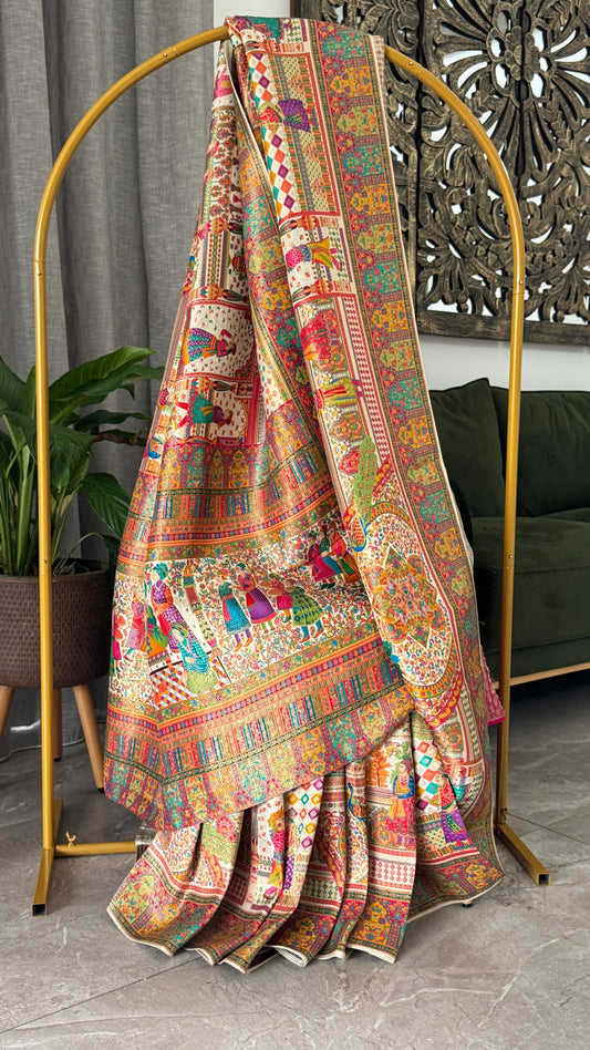 A Kashmiri Pashmina Banarasi Handwoven Storytelling Sarees - Half White