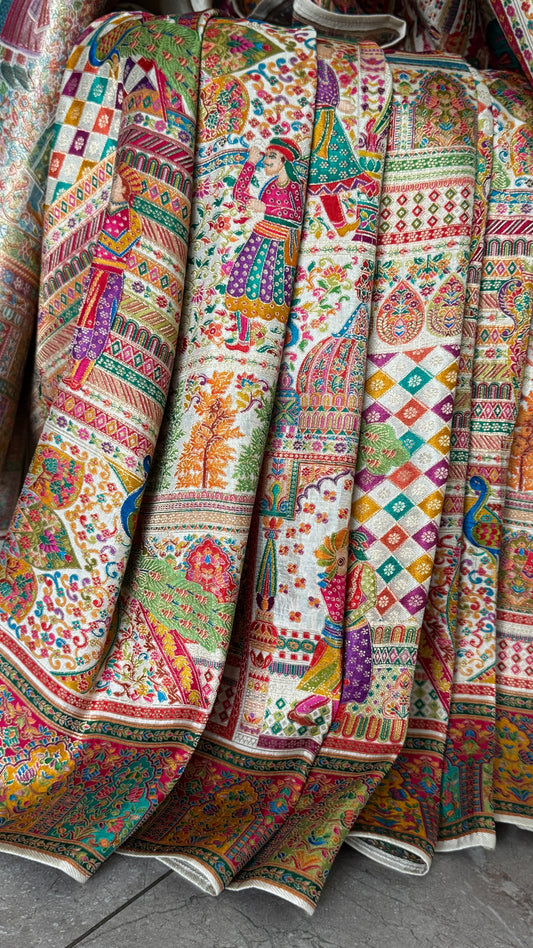 A Kashmiri Pashmina Banarasi Handwoven Storytelling Sarees - Half White