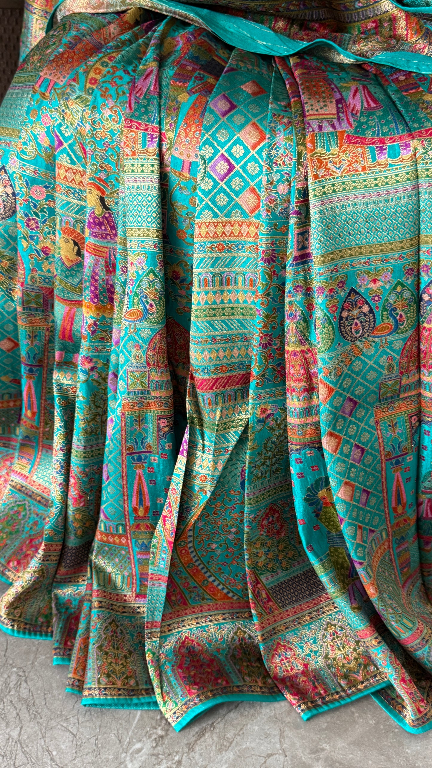 A Kashmiri Pashmina Banarasi Handwoven Storytelling Sarees - Teal Green