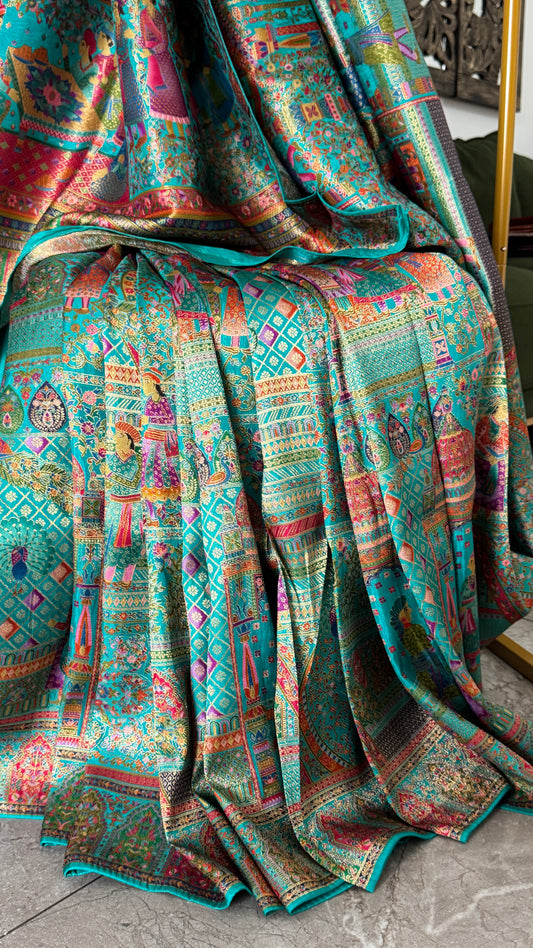 A Kashmiri Pashmina Banarasi Handwoven Storytelling Sarees - Teal Green