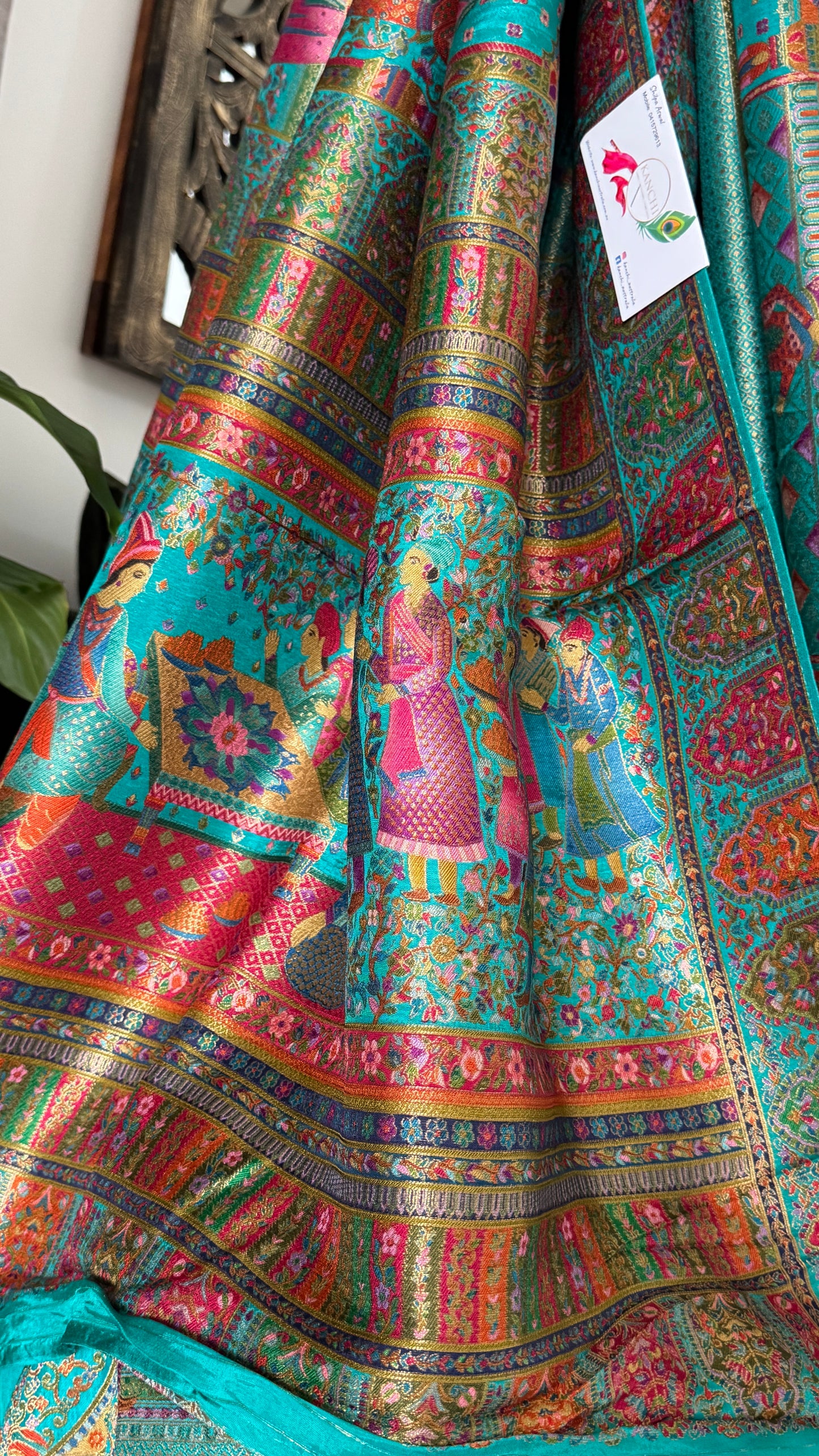 A Kashmiri Pashmina Banarasi Handwoven Storytelling Sarees - Teal Green