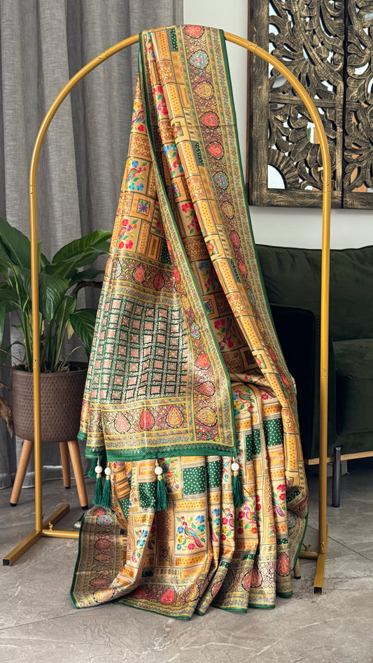 A Kashmiri Pashmina Banarasi Handwoven Storytelling Sarees - Green