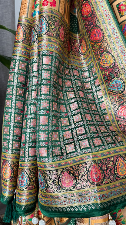 A Kashmiri Pashmina Banarasi Handwoven Storytelling Sarees - Green