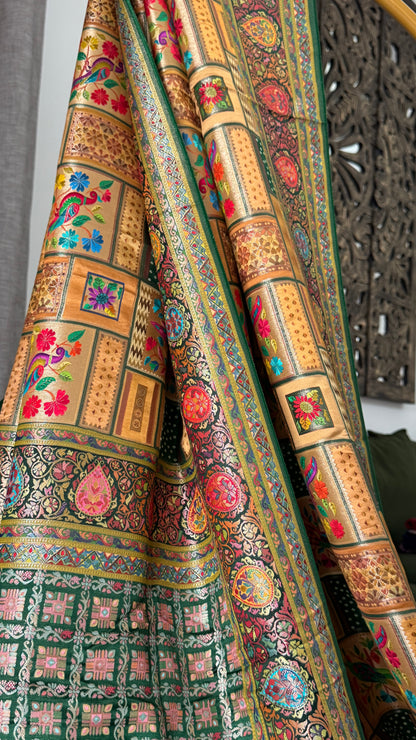 A Kashmiri Pashmina Banarasi Handwoven Storytelling Sarees - Green