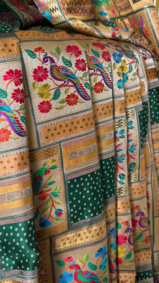 A Kashmiri Pashmina Banarasi Handwoven Storytelling Sarees - Green