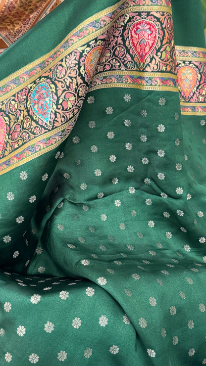 A Kashmiri Pashmina Banarasi Handwoven Storytelling Sarees - Green
