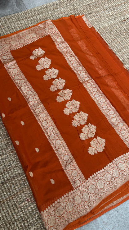 Pure Khaddi Chiffon Banarasi Silk Saree – Orange