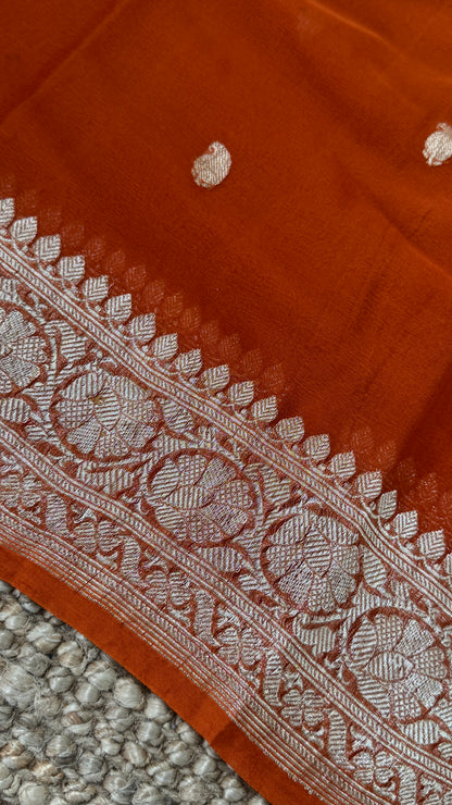 Pure Khaddi Chiffon Banarasi Silk Saree – Orange