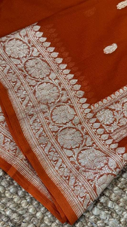 Pure Khaddi Chiffon Banarasi Silk Saree – Orange