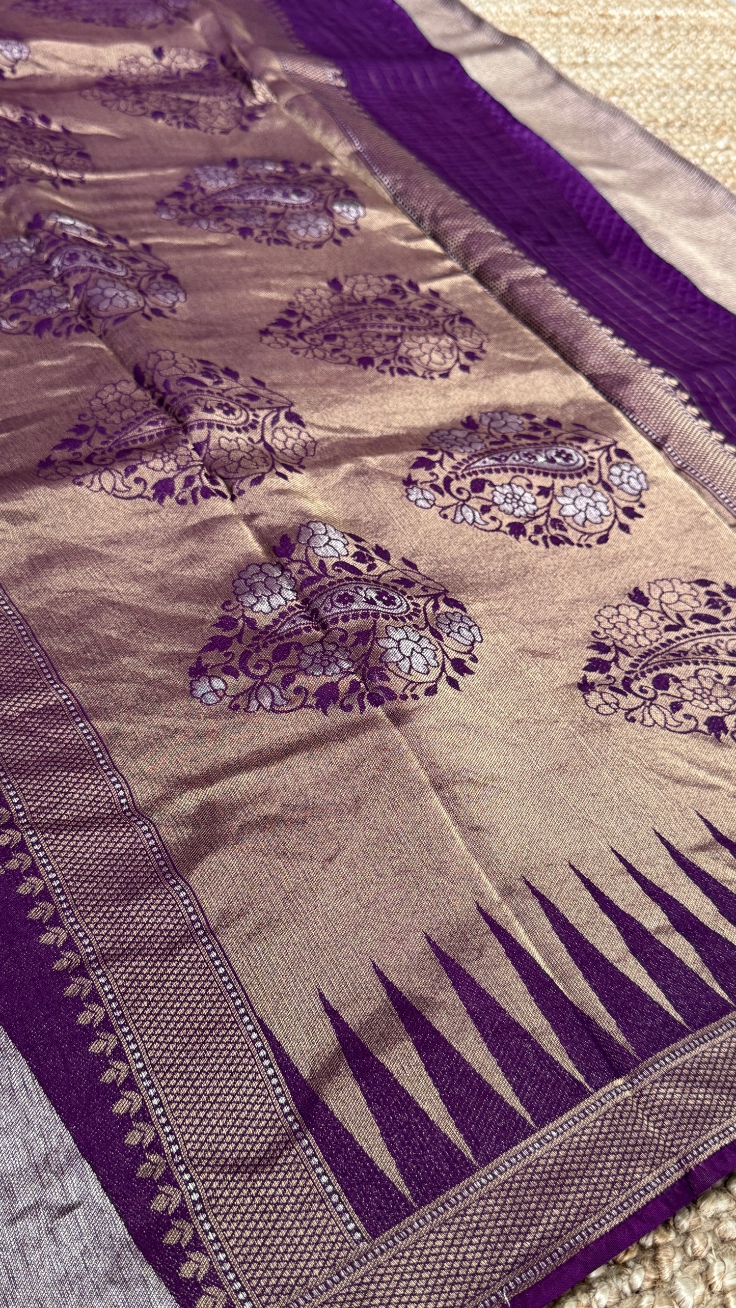 Pure Tissue Kanchivaram in Temple Border - Deep Purple