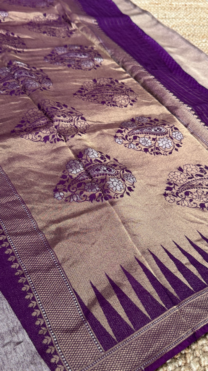 Pure Tissue Kanchivaram in Temple Border - Deep Purple
