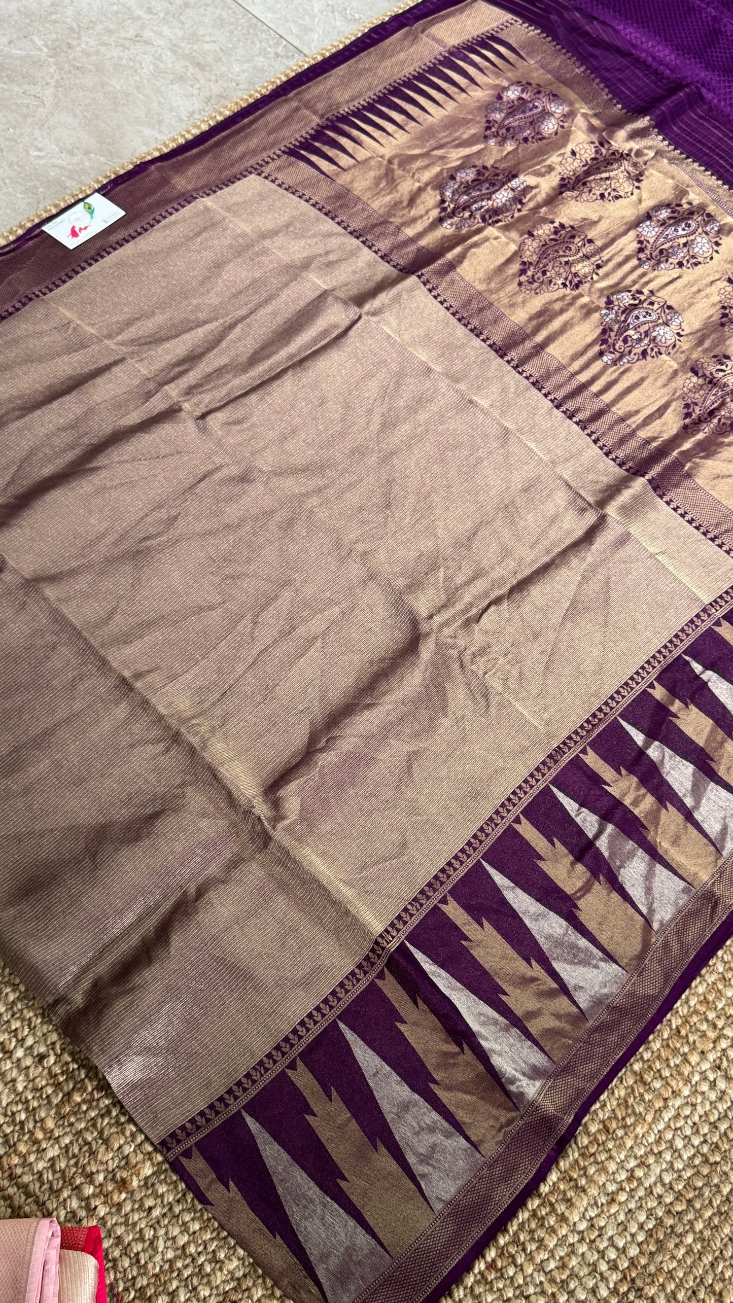 Pure Tissue Kanchivaram in Temple Border - Deep Purple