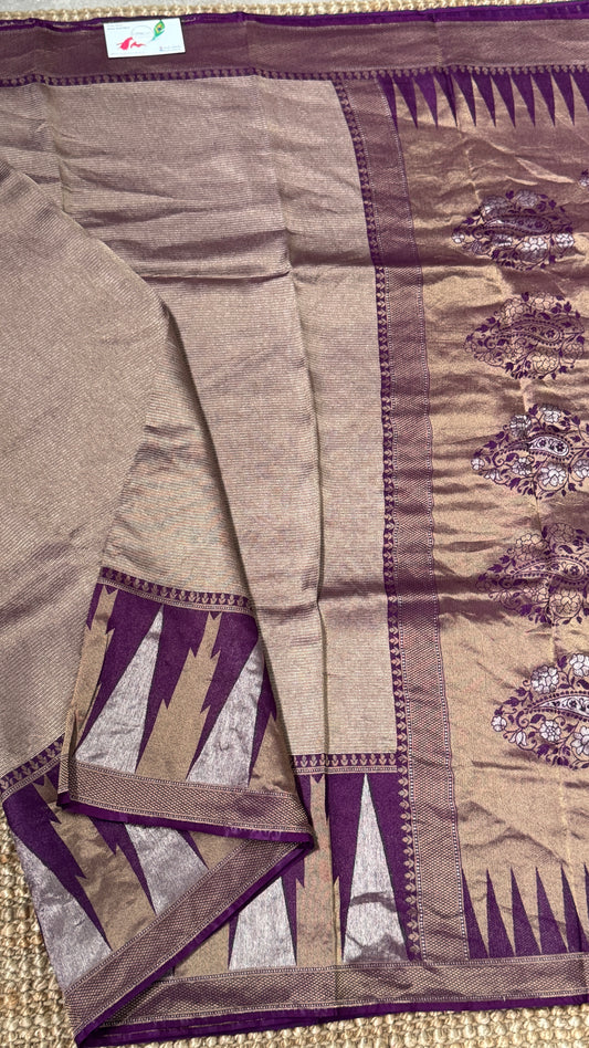 Pure Tissue Kanchivaram in Temple Border - Deep Purple